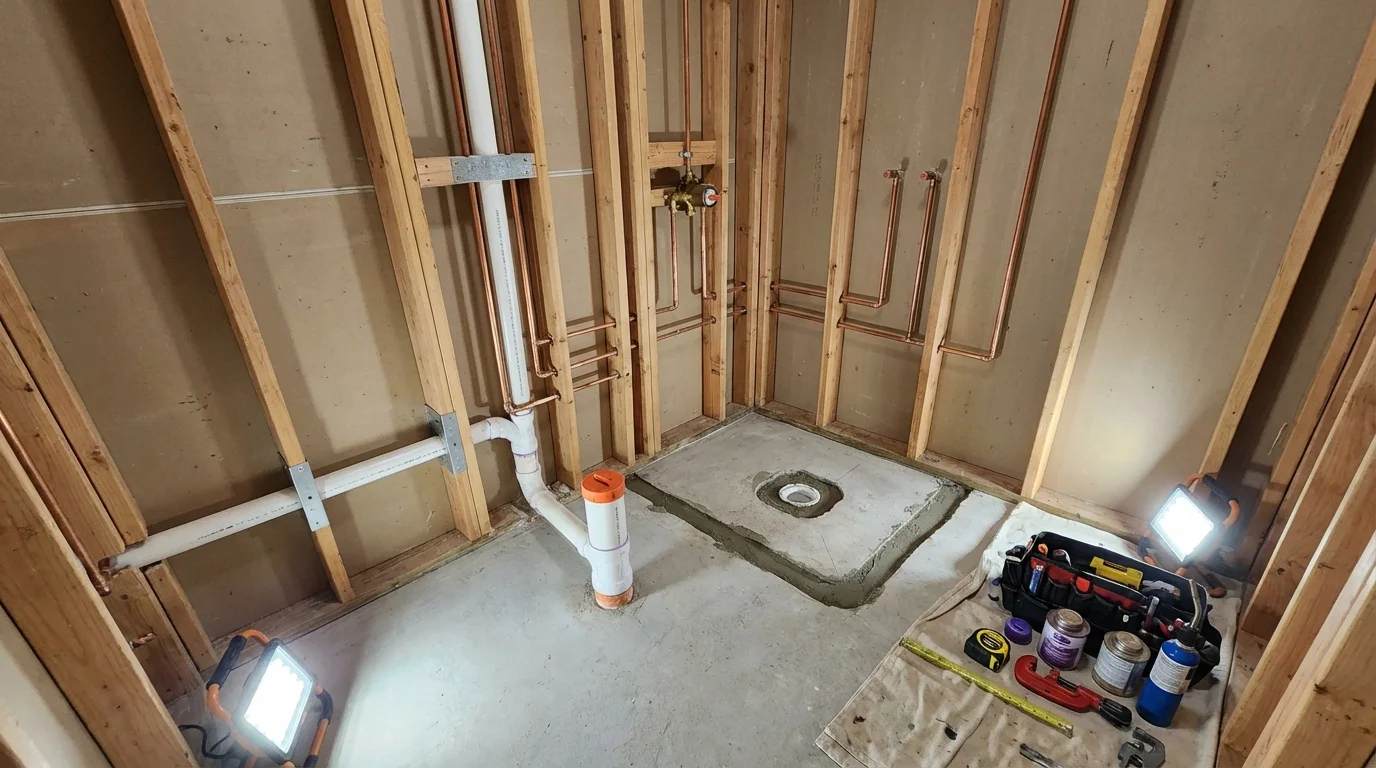 Bathroom rough-in plumbing during remodel by Johns Plumbing LLC in Westford