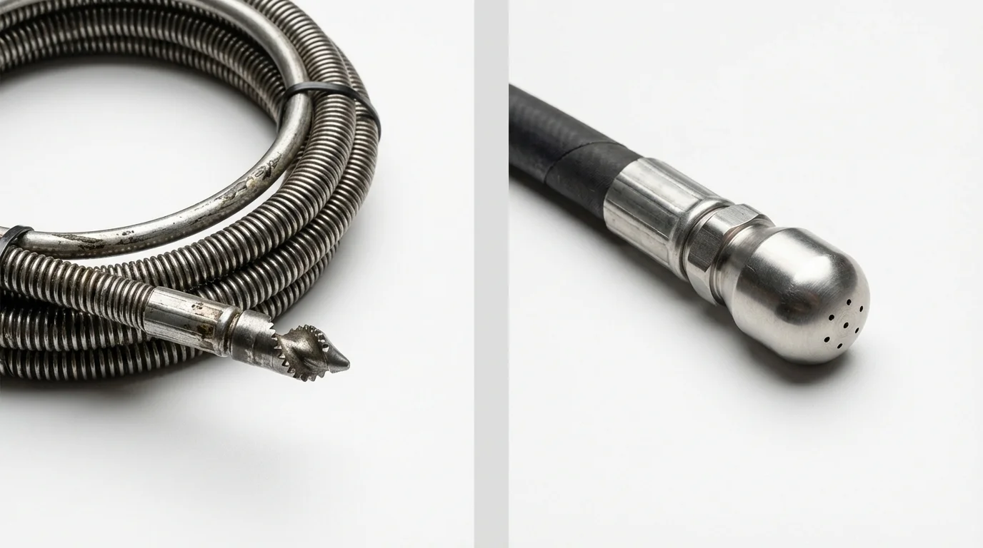 Drain snake cable and hydro jetting nozzle used for drain cleaning in Westford, MA
