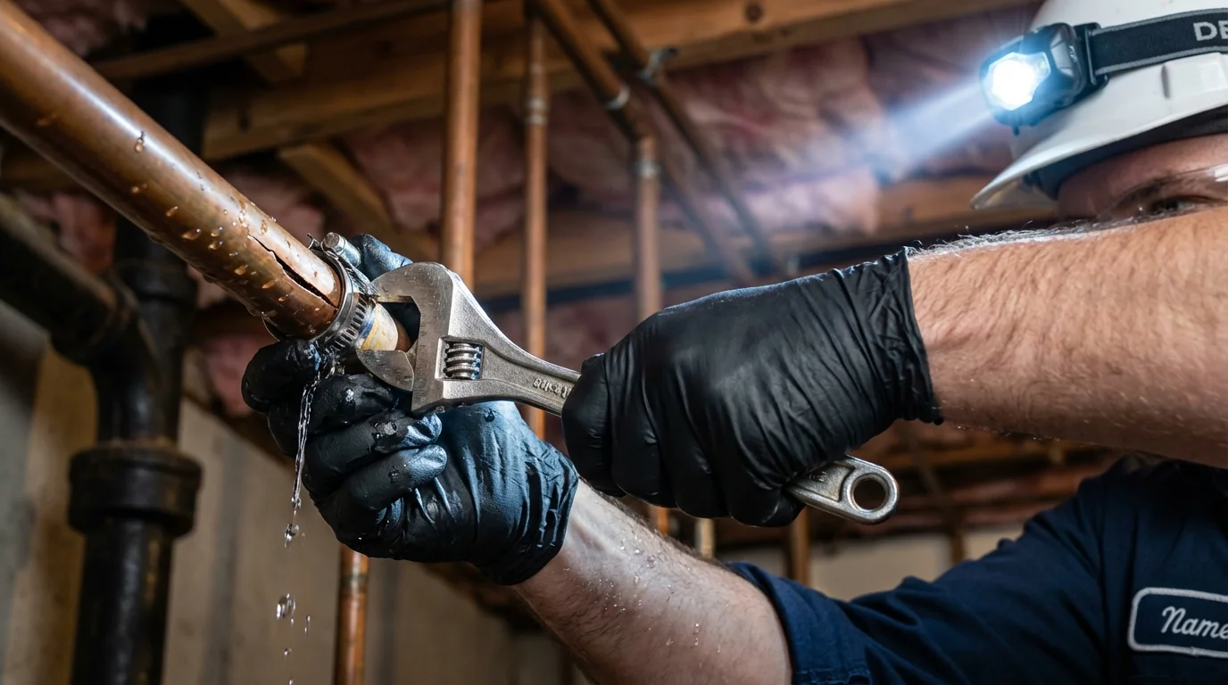 Emergency pipe clamp repair being performed by a Johns Plumbing LLC plumber in Westford