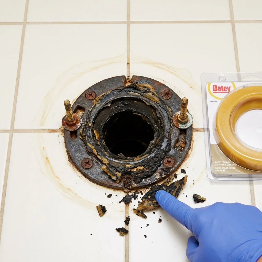 Failed wax ring showing water seepage at the base of a toilet in a Westford, MA home