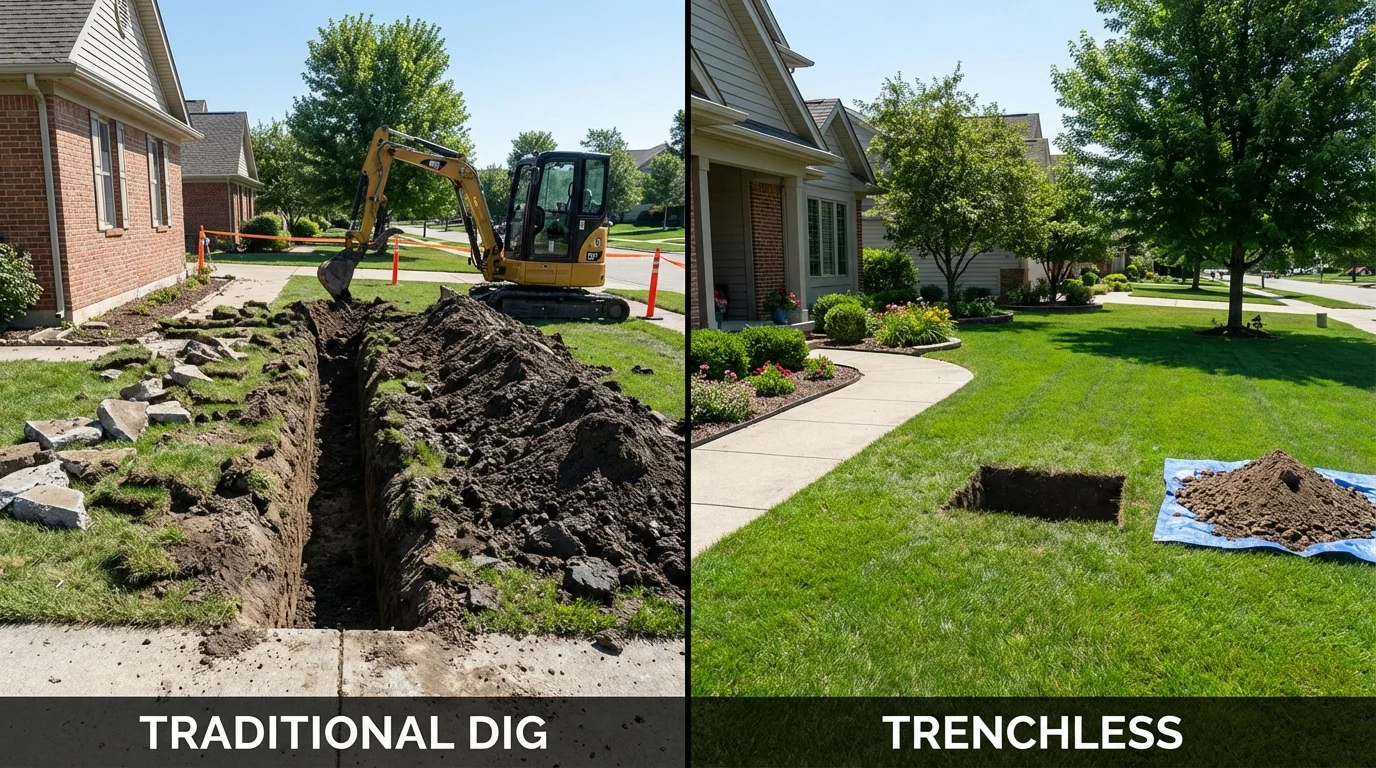 Trenchless sewer repair with minimal yard damage versus traditional excavation in Westford, MA