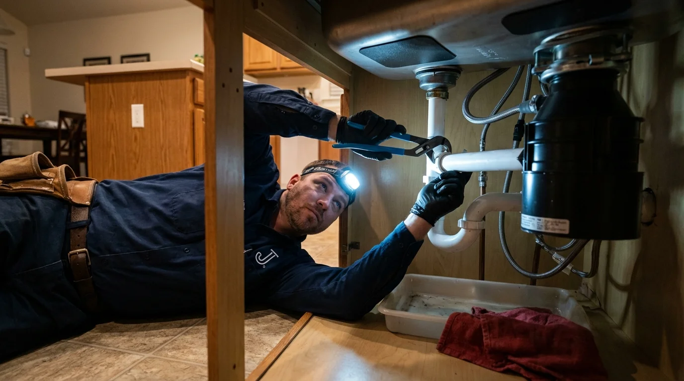 P-trap and supply line connections under a kitchen sink showing a common leak point in Westford, MA